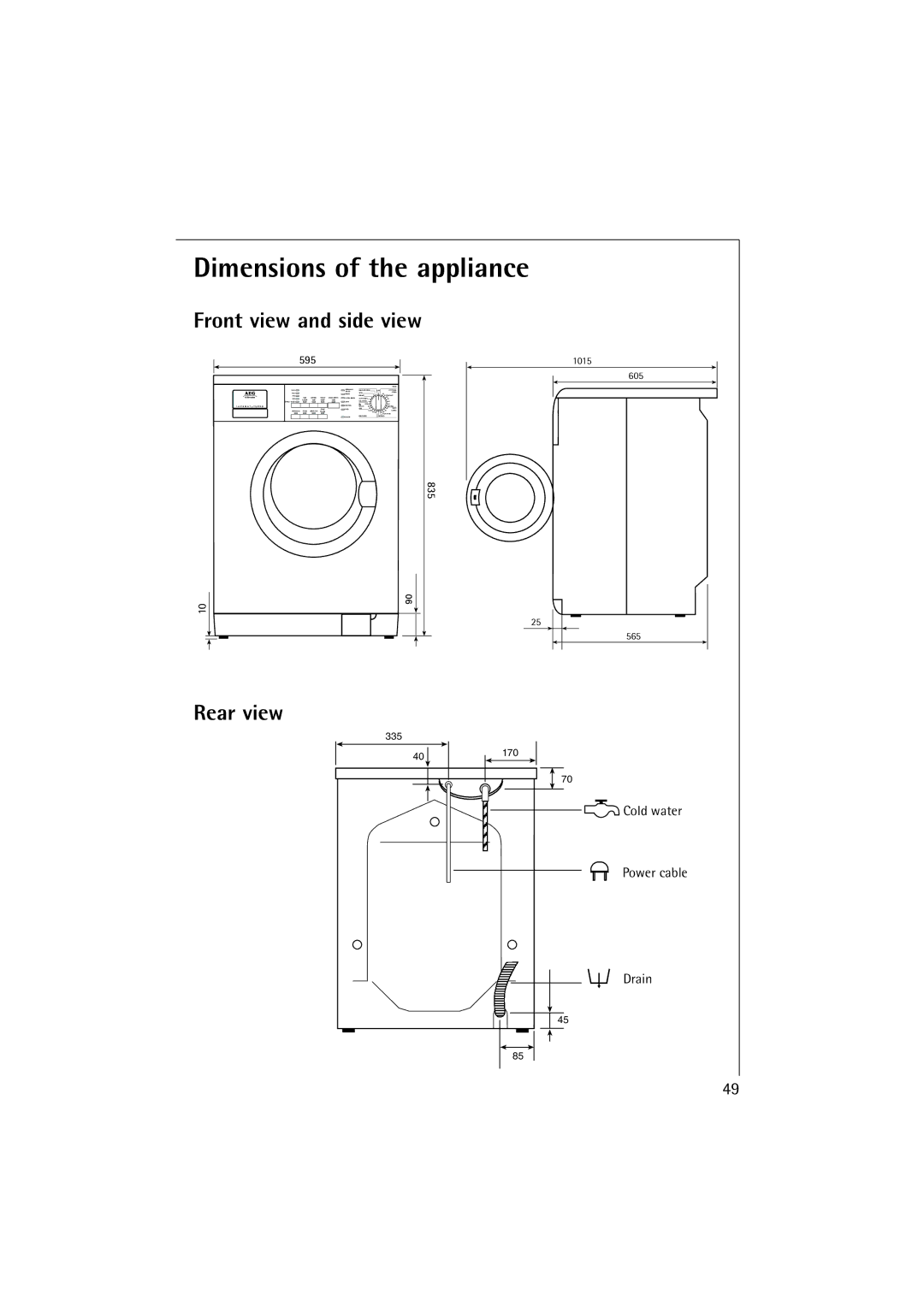 Electrolux 12830 manual Dimensions of the appliance, Front view and side view, Rear view 