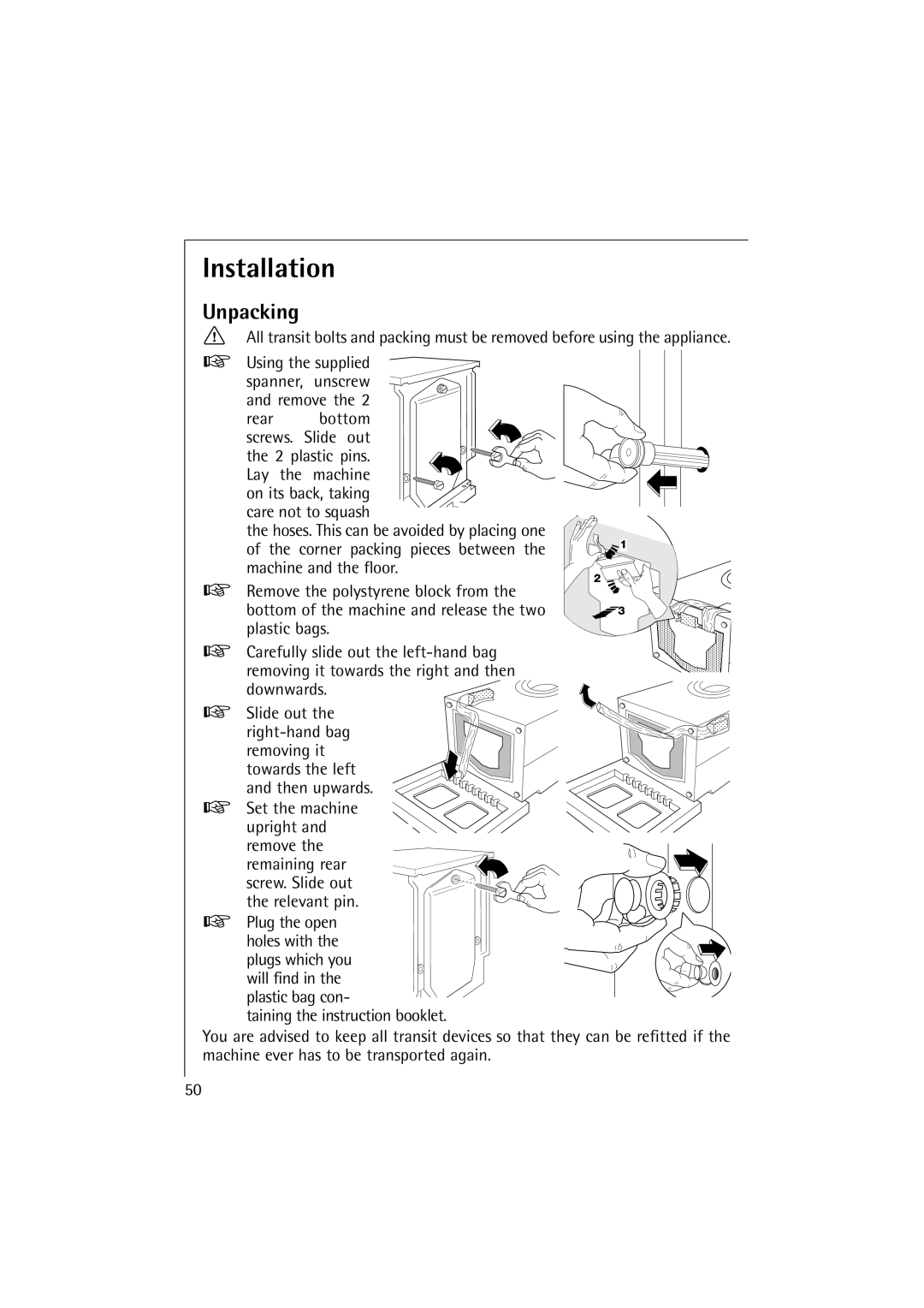 Electrolux 12830 manual Installation, Unpacking 