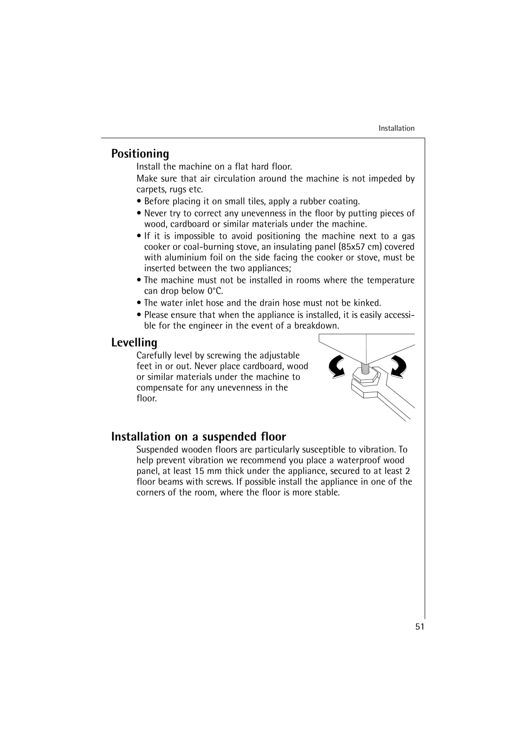 Electrolux 12830 manual Positioning, Levelling, Installation on a suspended floor 