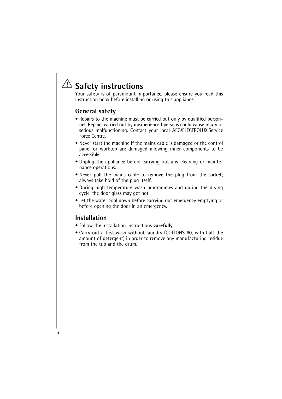 Electrolux 12830 manual Safety instructions, General safety, Installation 