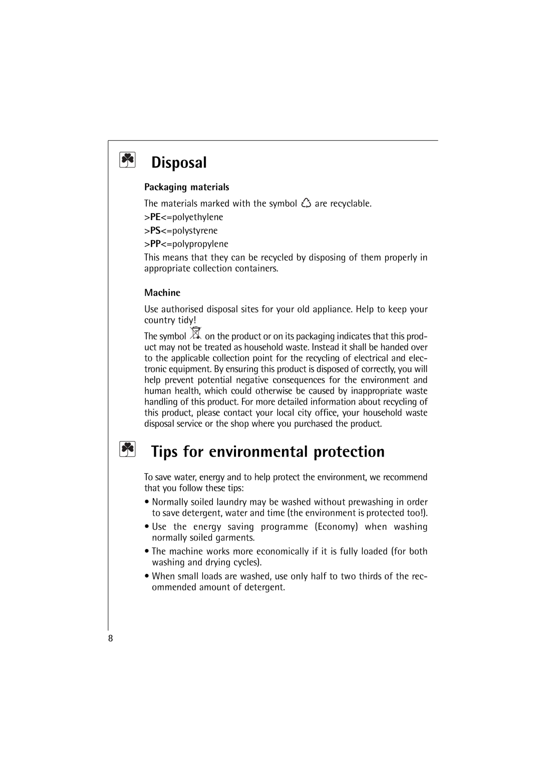 Electrolux 12830 manual Disposal, Tips for environmental protection, Packaging materials, Machine 