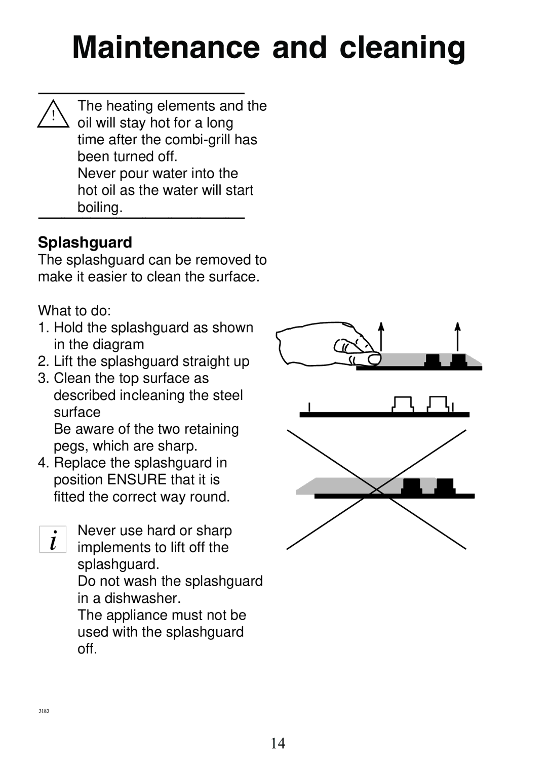 Electrolux 130 FG-m manual Maintenance and cleaning, Splashguard 