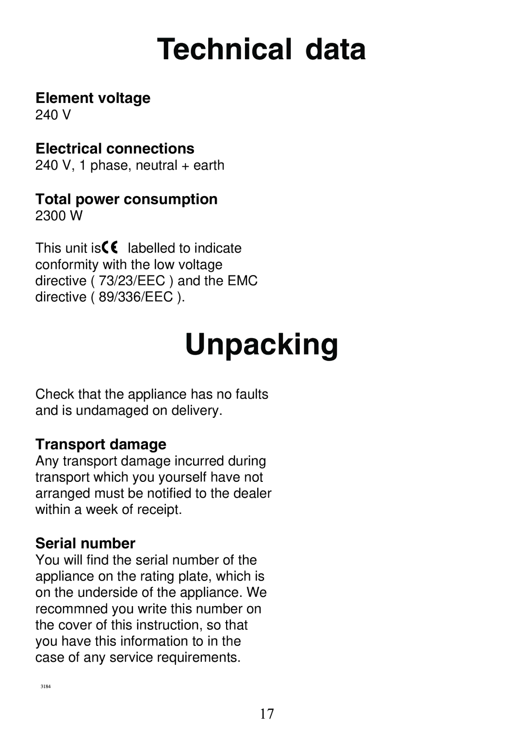 Electrolux 130 FG-m manual Technical data, Unpacking 