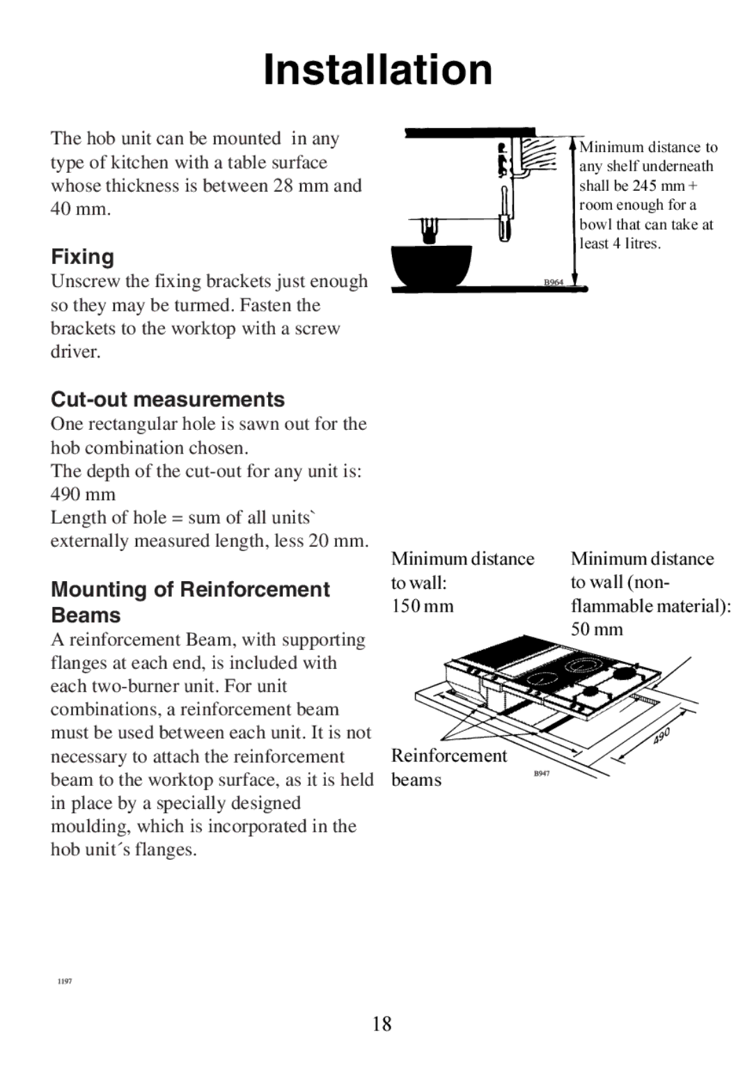 Electrolux 130 FG-m manual Installation, Fixing, Cut-out measurements, Mounting of Reinforcement Beams 