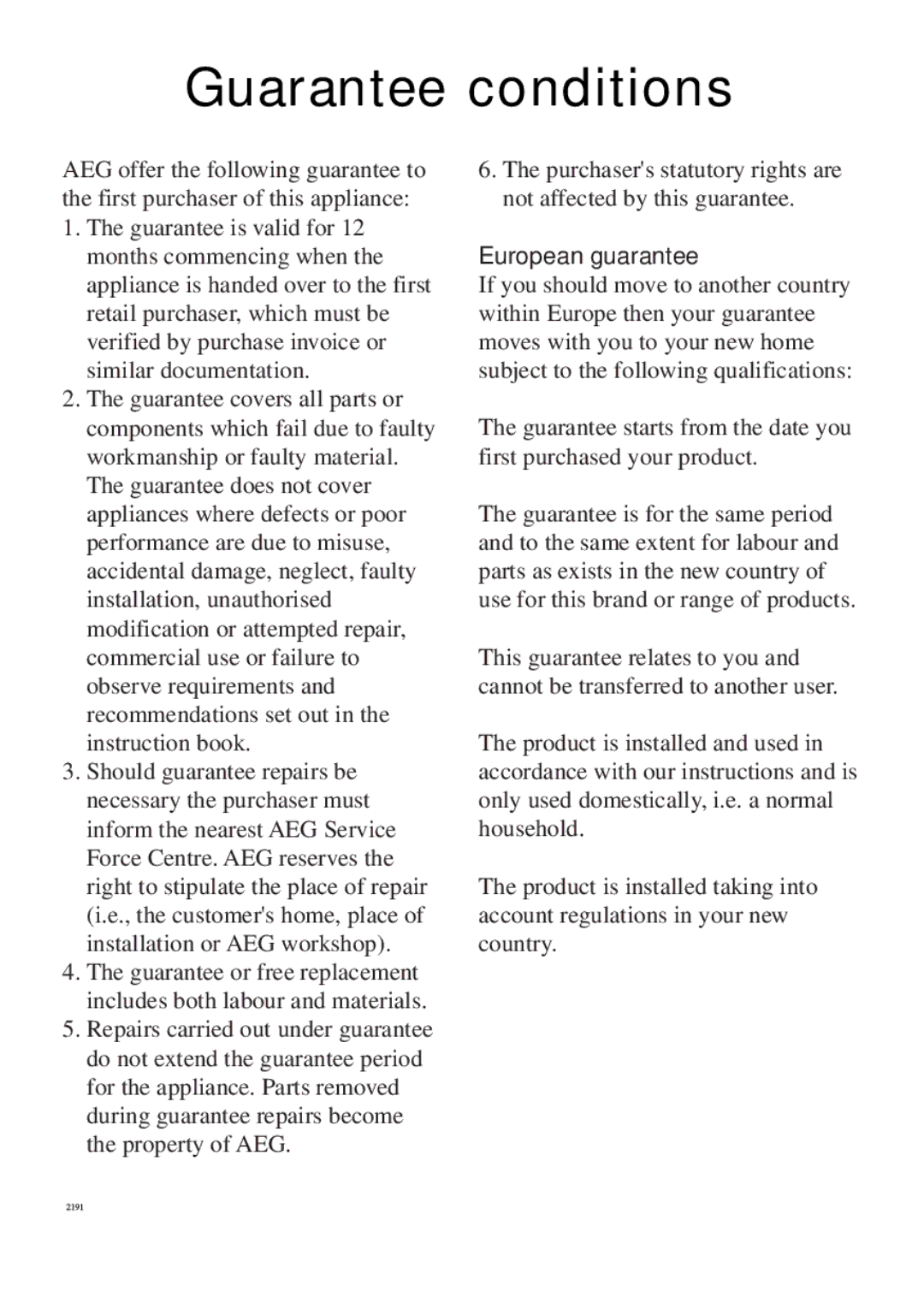 Electrolux 130 FG-m manual Guarantee conditions, European guarantee 