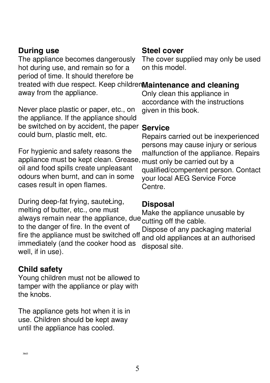 Electrolux 130 FG-m manual During use, Child safety, Steel cover, Maintenance and cleaning, Service, Disposal 