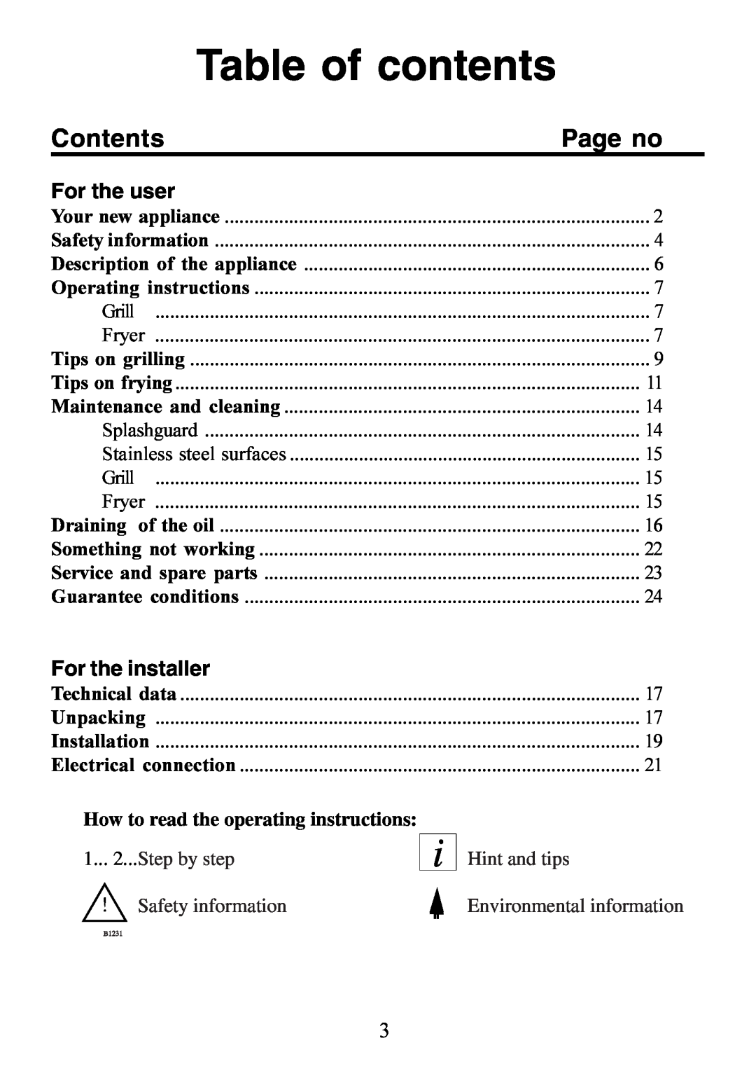 Electrolux 130 FG-m Table of contents, Contents, For the user, For the installer, How to read the operating instructions 