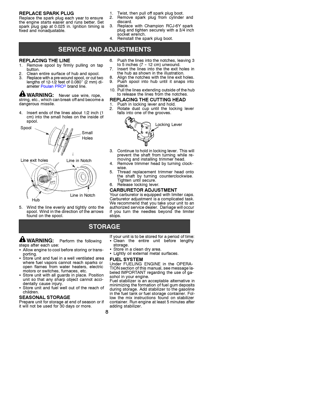 Electrolux 131 Replace Spark Plug, Replacing the Line, Replacing the Cutting Head, Carburetor Adjustment, Seasonal Storage 