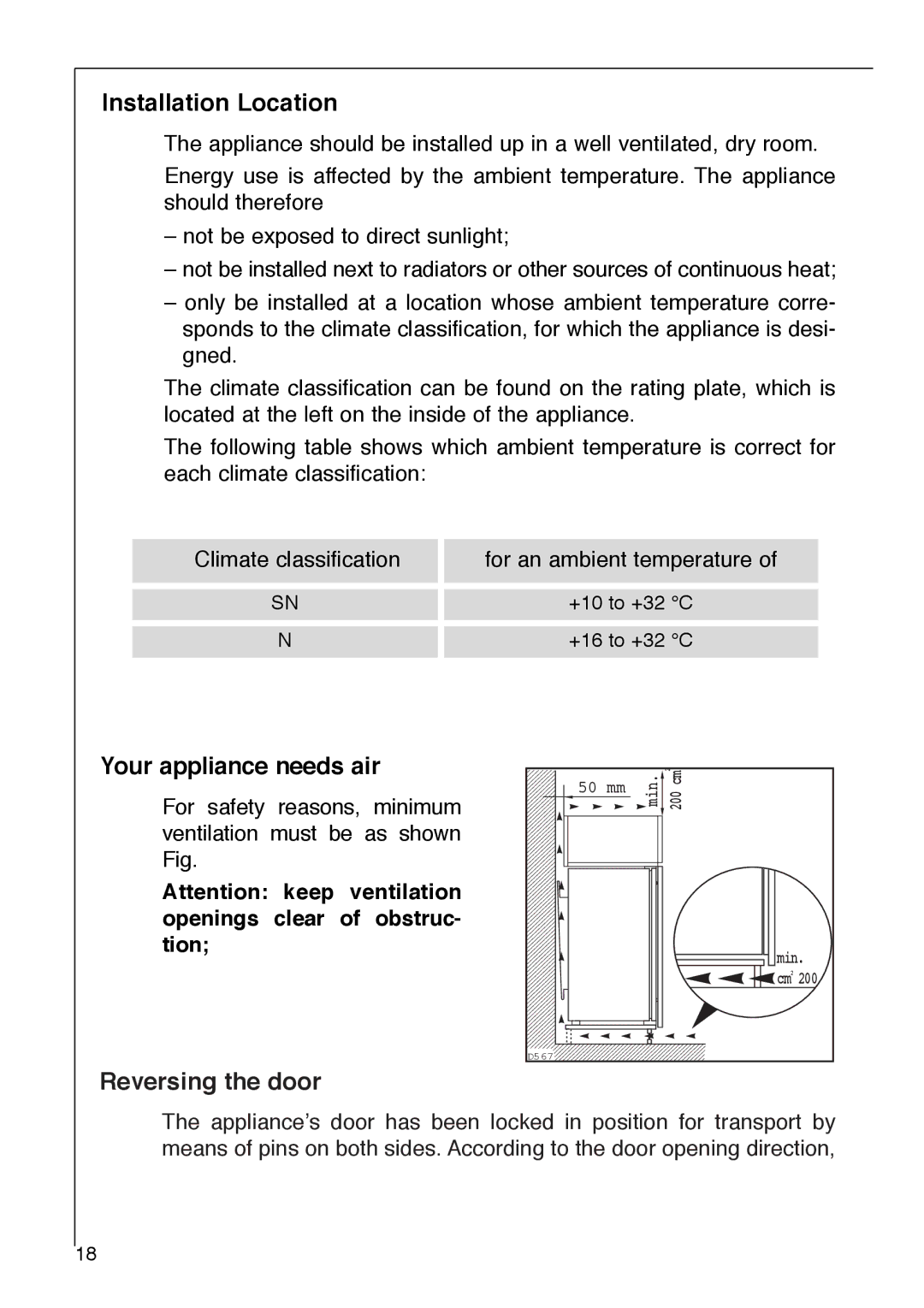 Electrolux 1333-6 i installation instructions Installation Location, Your appliance needs air, Reversing the door 