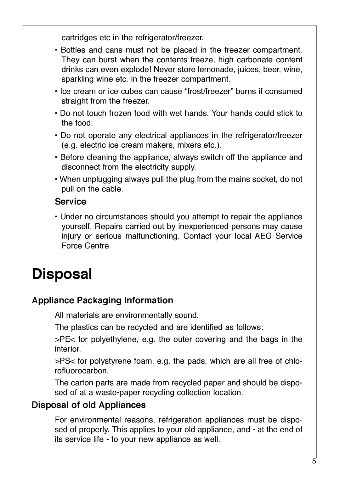 Electrolux 1333-6 i installation instructions Service, Appliance Packaging Information, Disposal of old Appliances 