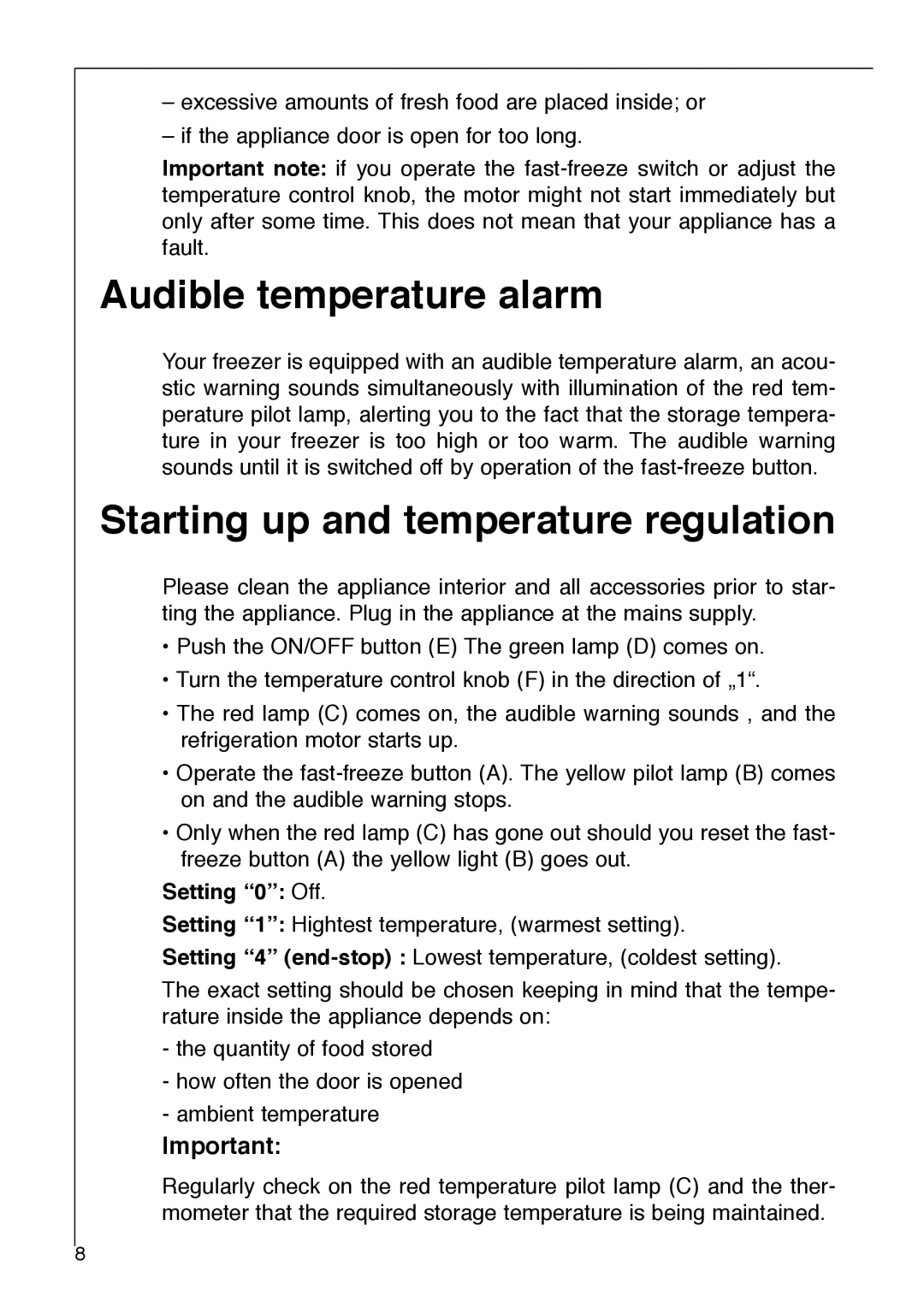 Electrolux 1333-6 i installation instructions Audible temperature alarm, Starting up and temperature regulation 