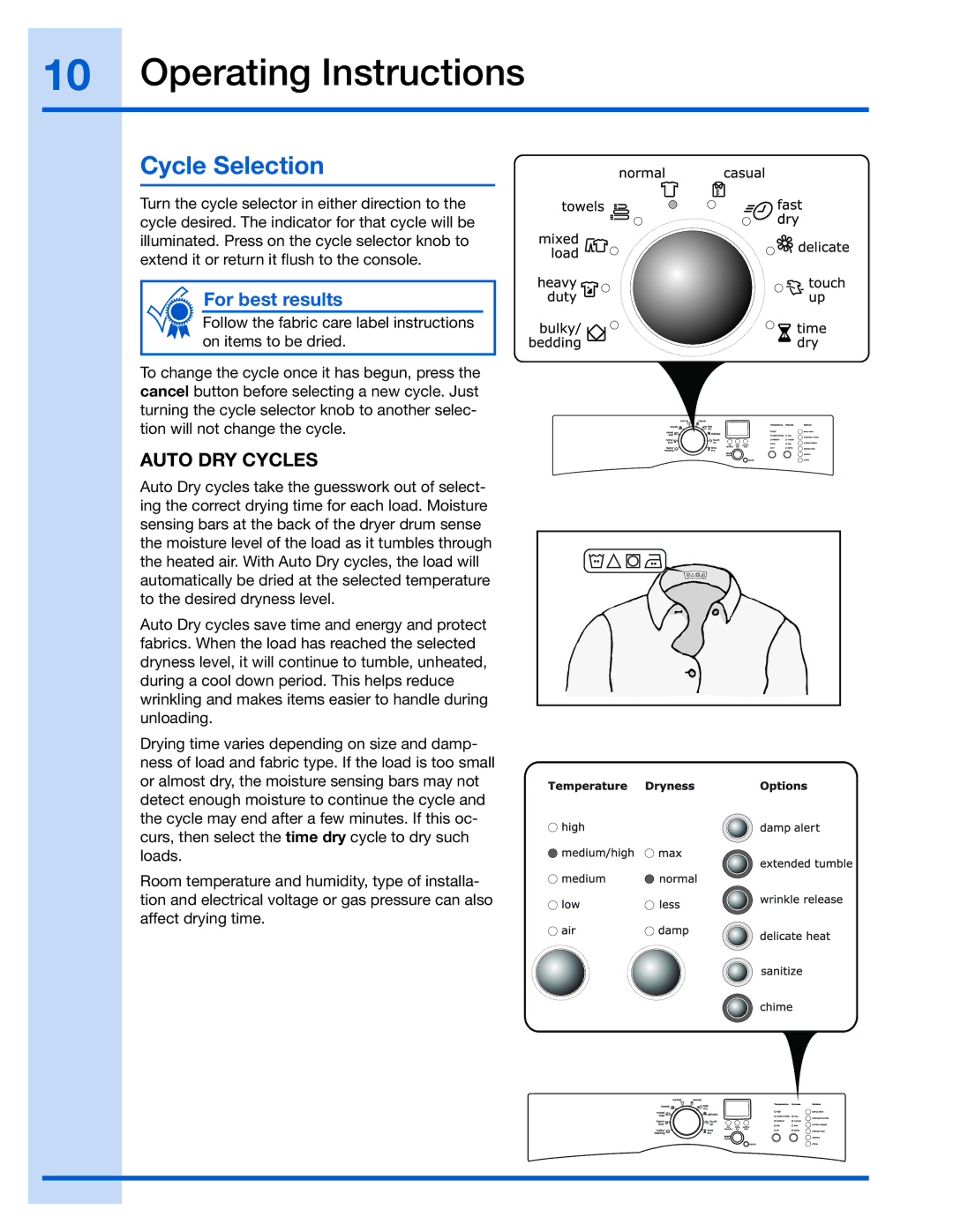 Electrolux 137018300 A, EIED55H manual Cycle Selection, Auto DRY Cycles 