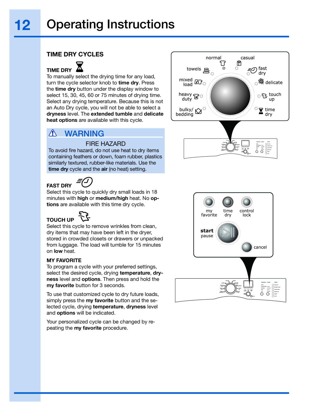 Electrolux 137018300 A, EIED55H manual Time DRY Cycles, Fast DRY, Touch UP, MY Favorite 