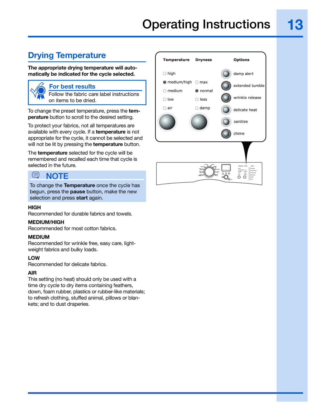 Electrolux EIED55H, 137018300 A manual Drying Temperature 