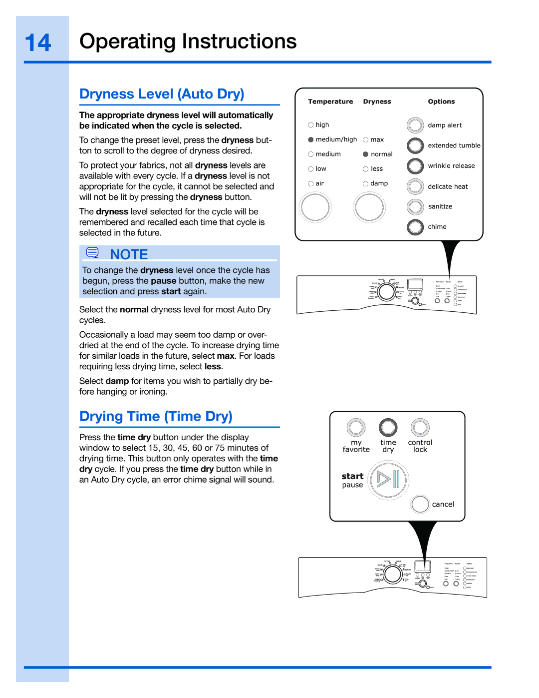 Electrolux 137018300 A, EIED55H manual Dryness Level Auto Dry, Drying Time Time Dry 