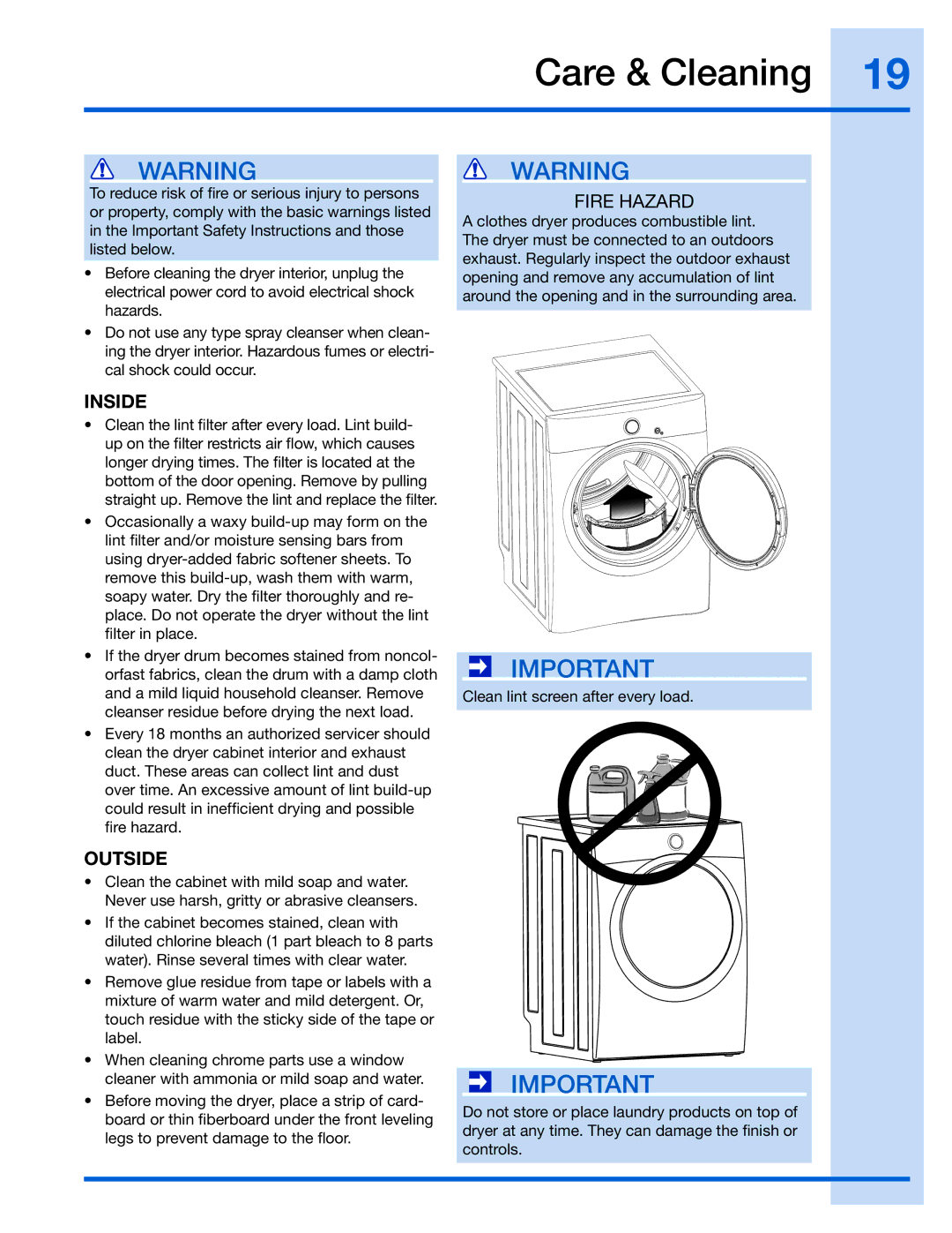 Electrolux EIED55H, 137018300 A manual Care & Cleaning, Inside, Outside 