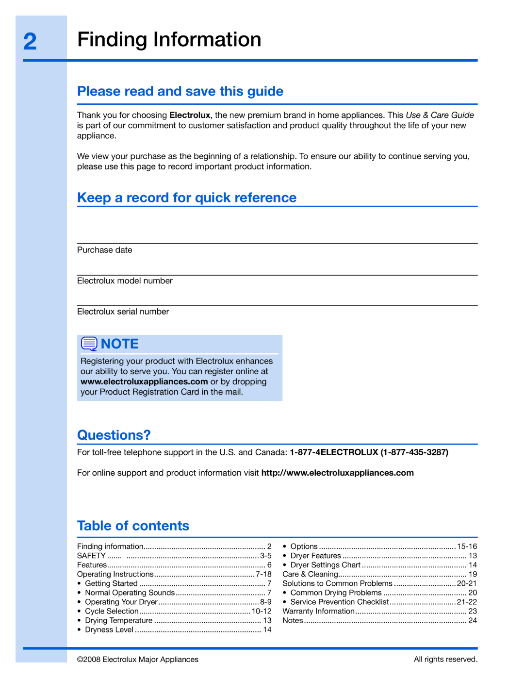 Electrolux 137018300 A Finding Information, Please read and save this guide, Keep a record for quick reference, Questions? 