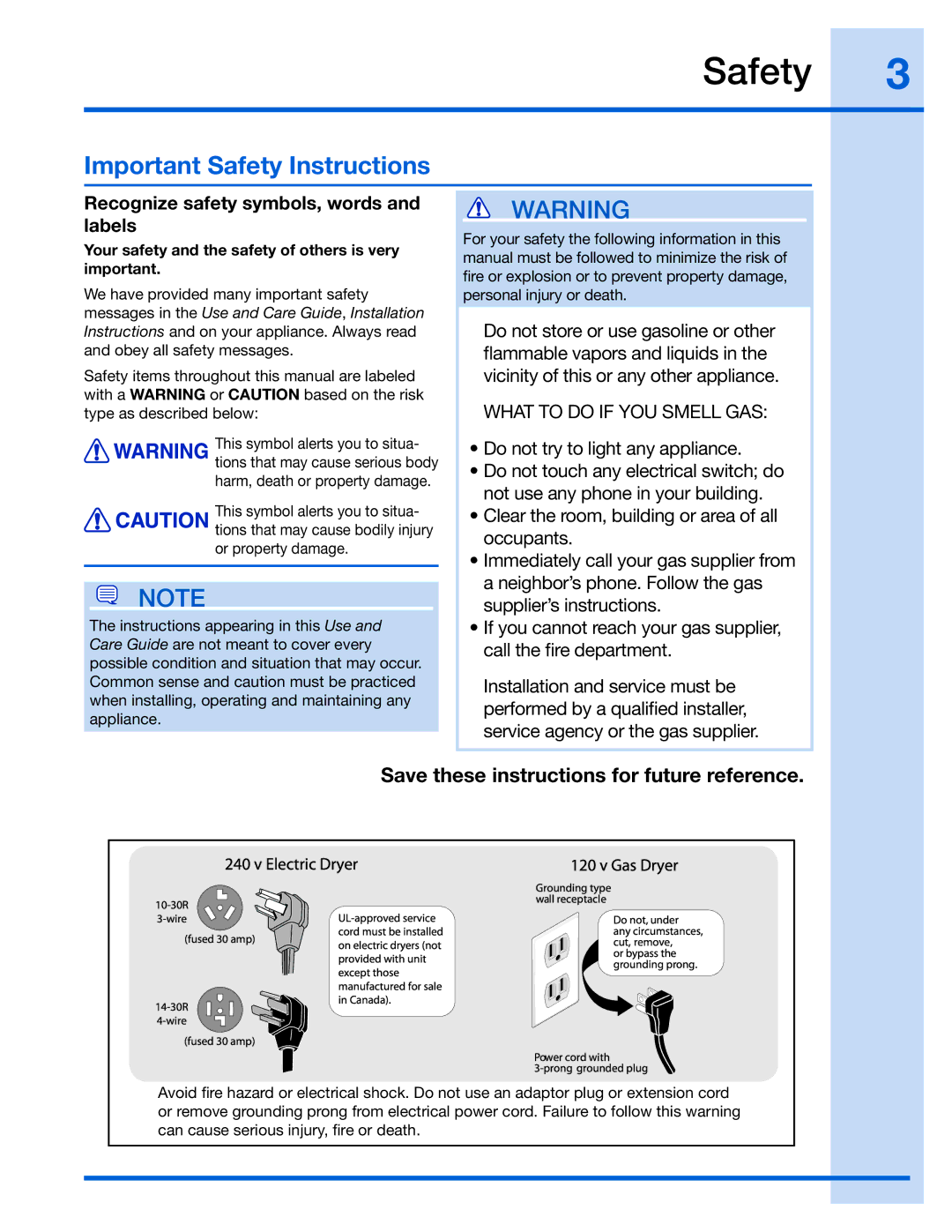 Electrolux EIED55H, 137018300 A manual Important Safety Instructions, Recognize safety symbols, words Labels 