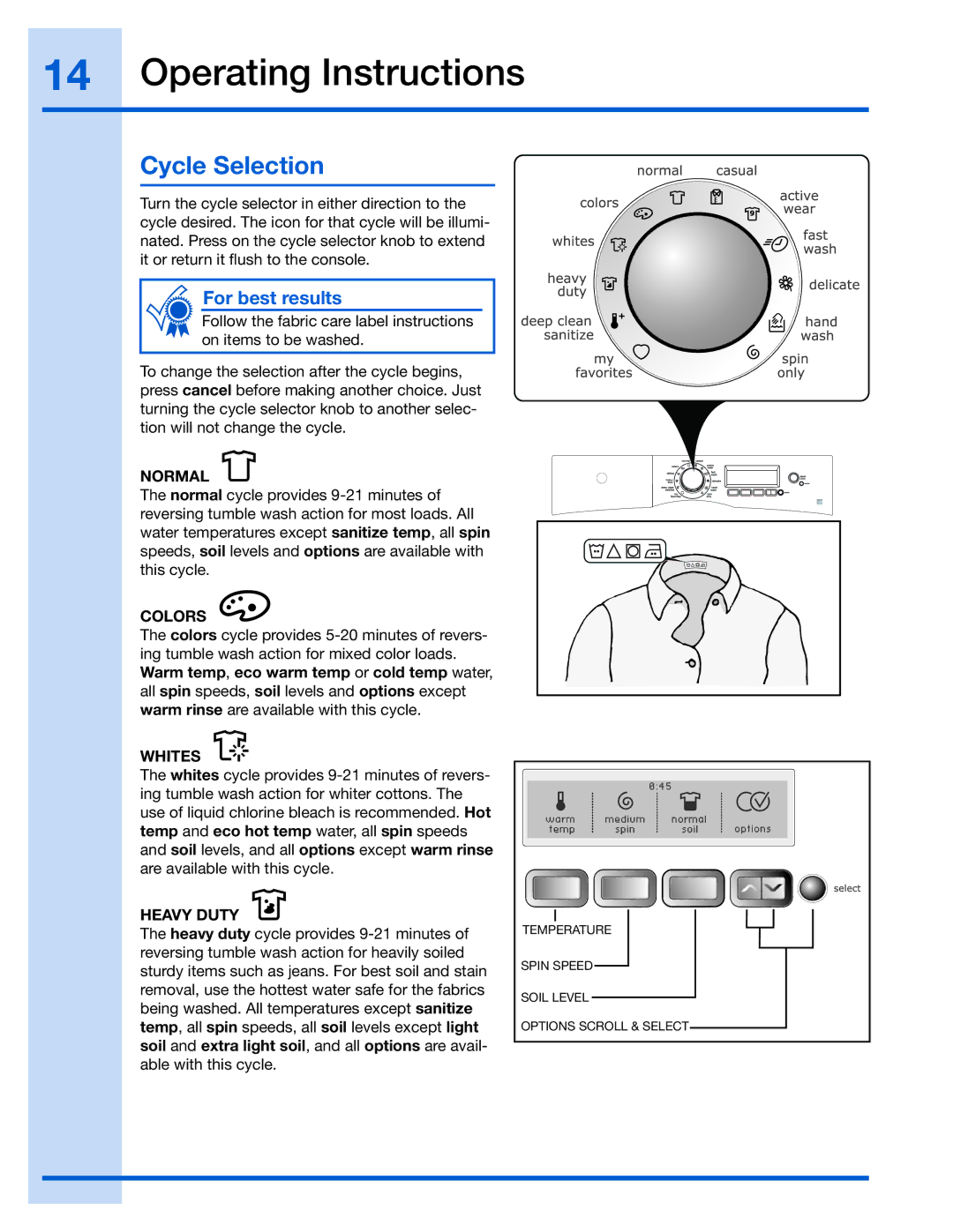 Electrolux 137023200 A manual Cycle Selection, Normal, Colors, Whites, Heavy Duty 