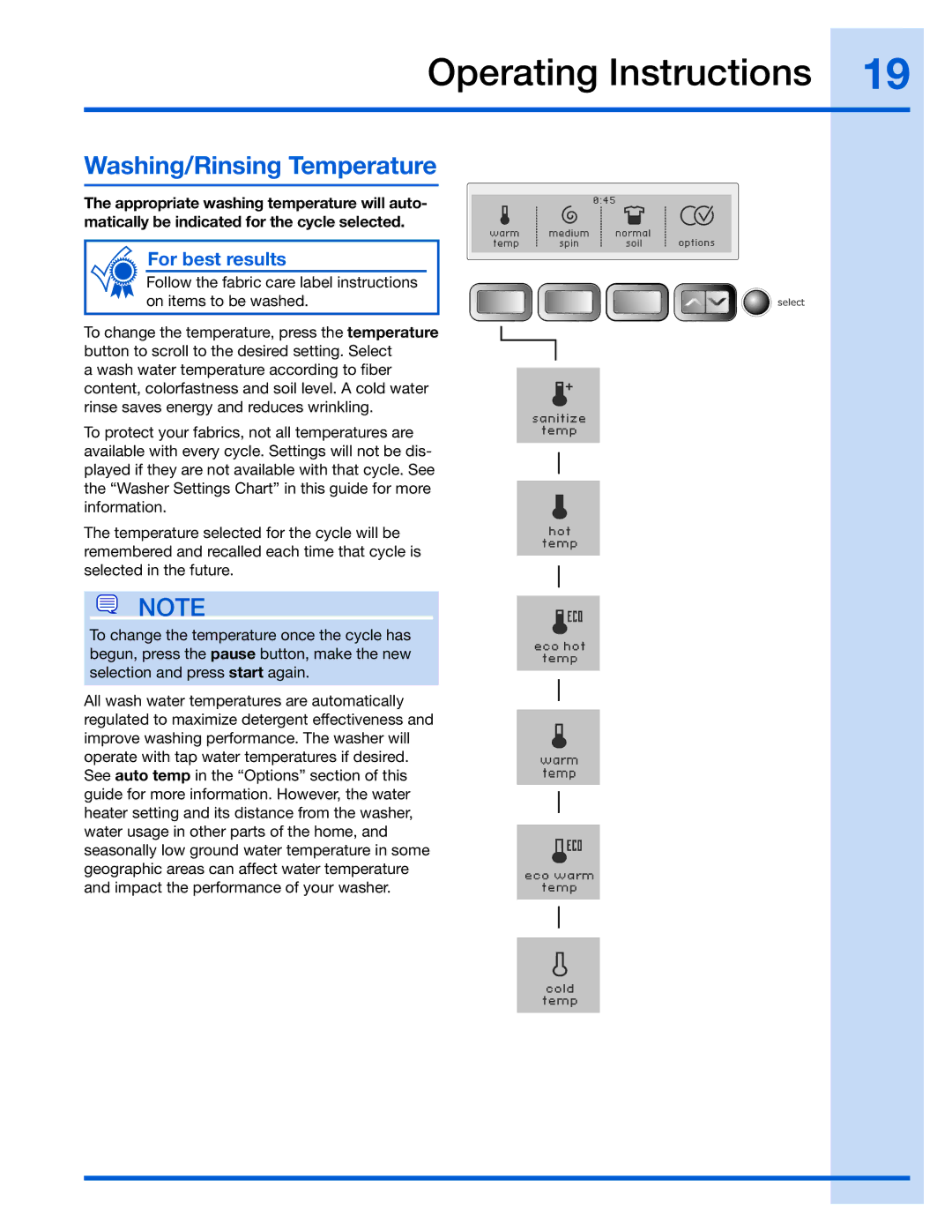 Electrolux 137023200 A manual Washing/Rinsing Temperature 