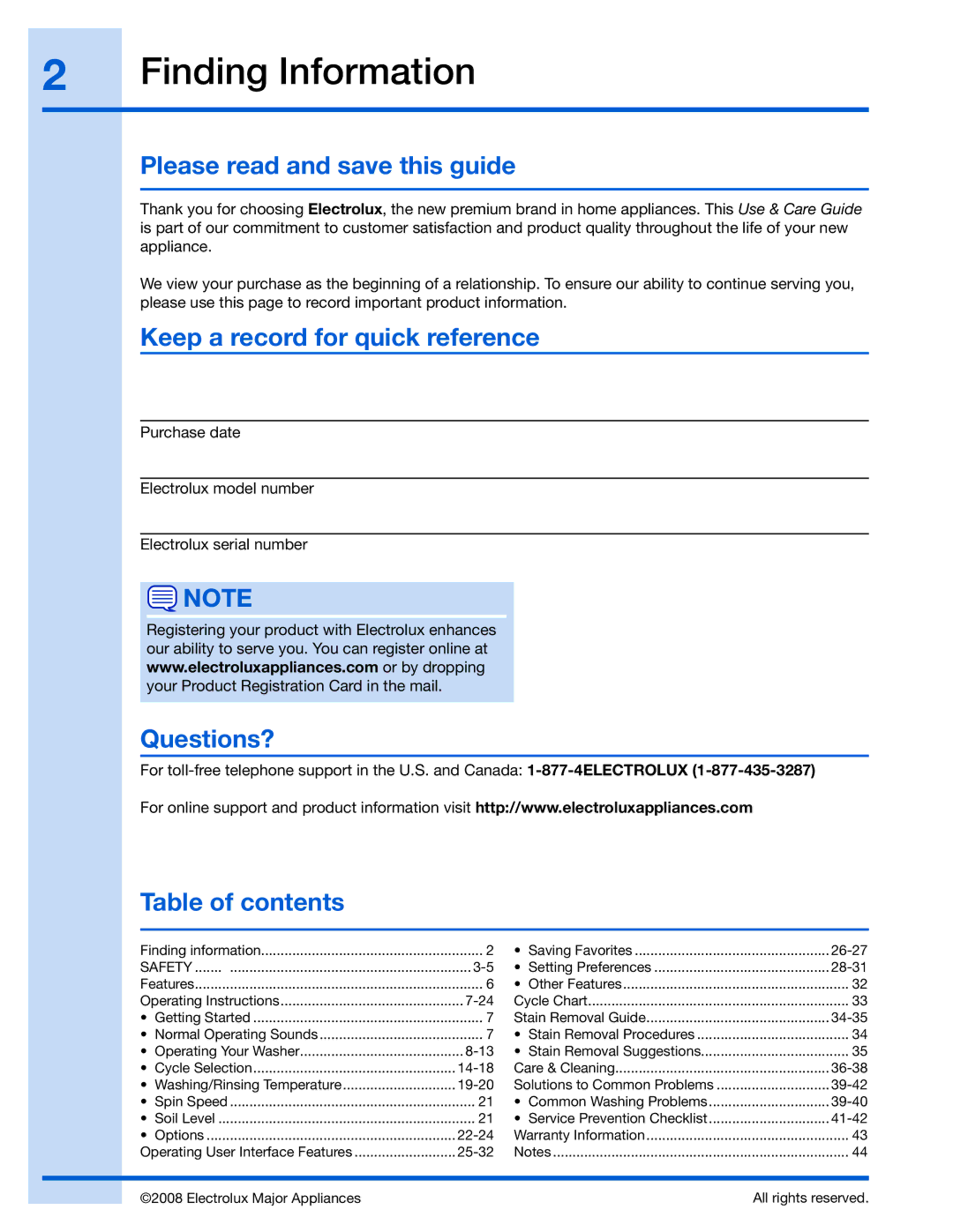 Electrolux 137023200 A Finding Information, Please read and save this guide, Keep a record for quick reference, Questions? 