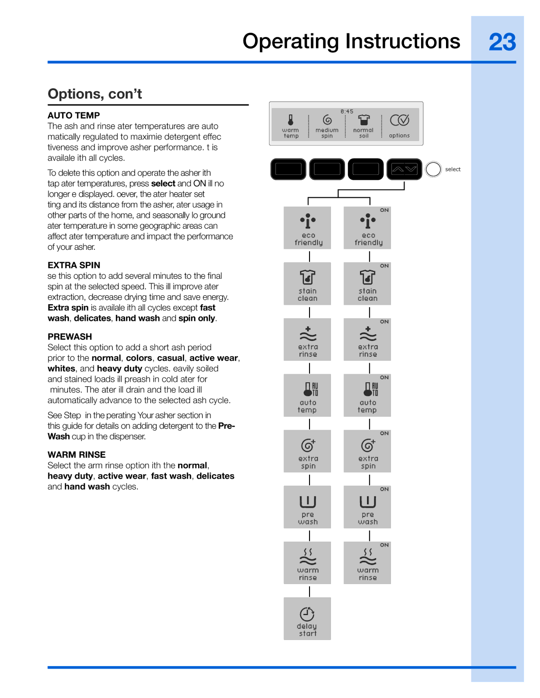 Electrolux 137023200 A manual Options, con’t, Auto Temp, Extra Spin, Prewash, Warm Rinse 