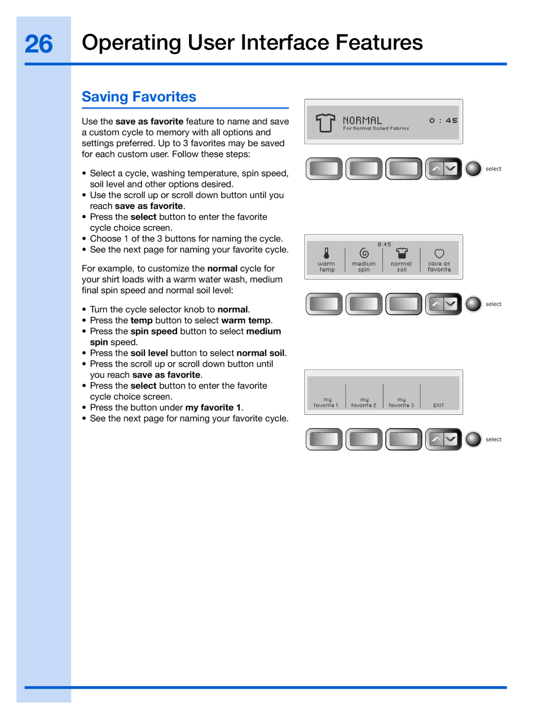 Electrolux 137023200 A manual Saving Favorites 