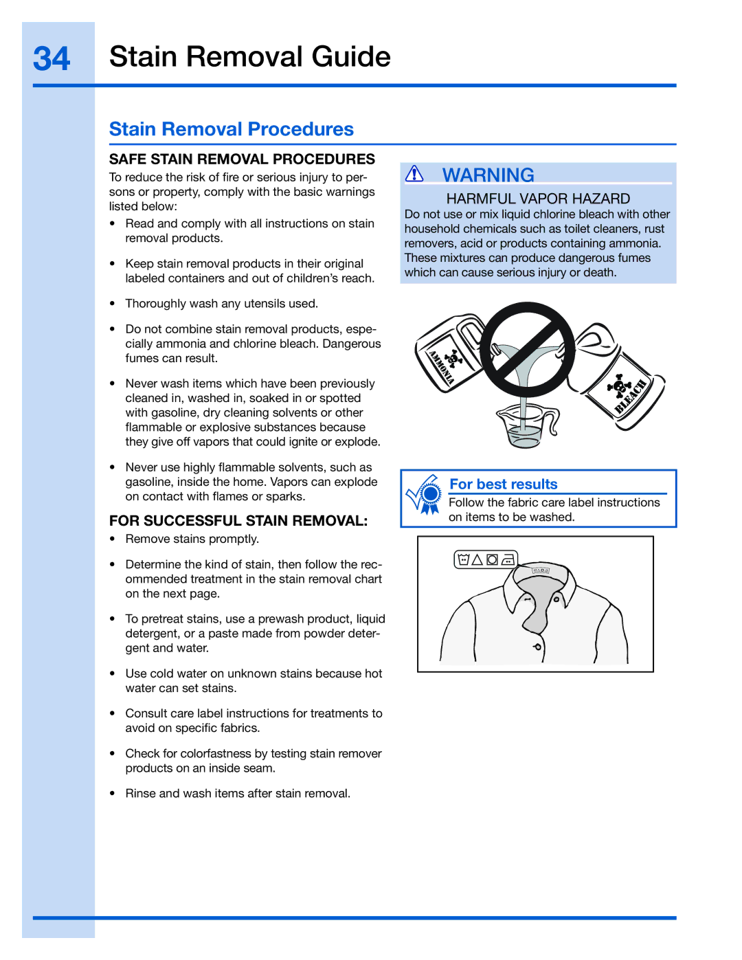 Electrolux 137023200 A manual Stain Removal Guide, Safe Stain Removal Procedures, For Successful Stain Removal 