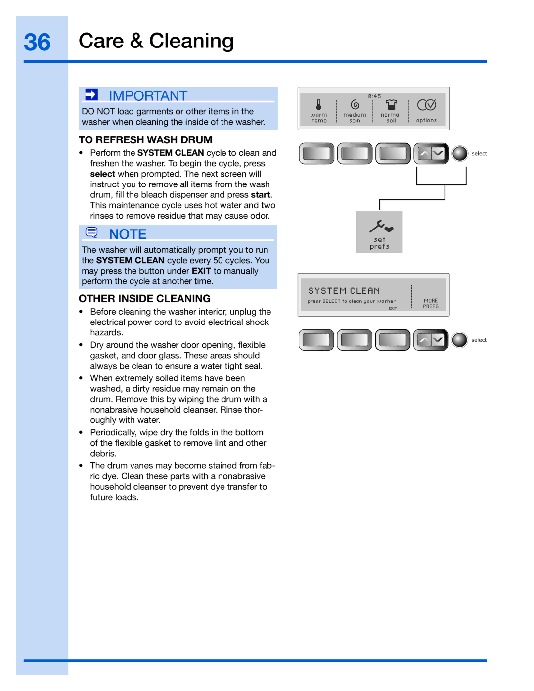 Electrolux 137023200 A manual Care & Cleaning, To Refresh Wash Drum, Other Inside Cleaning 