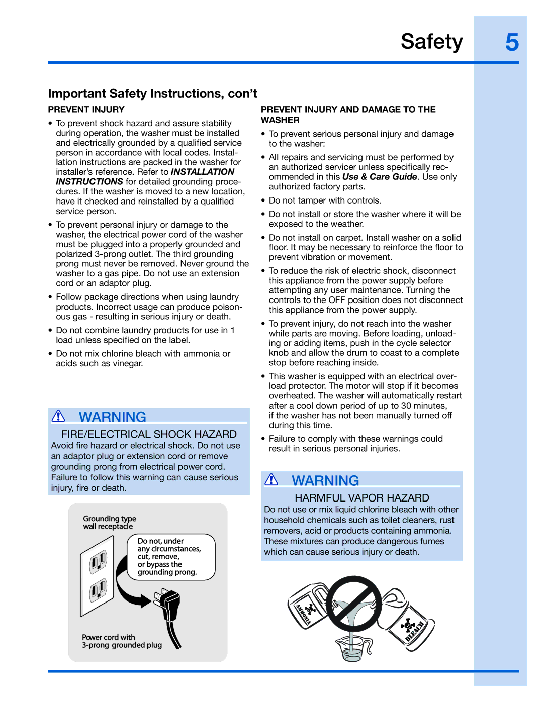 Electrolux 137023200 A manual Prevent Injury and Damage to the Washer 