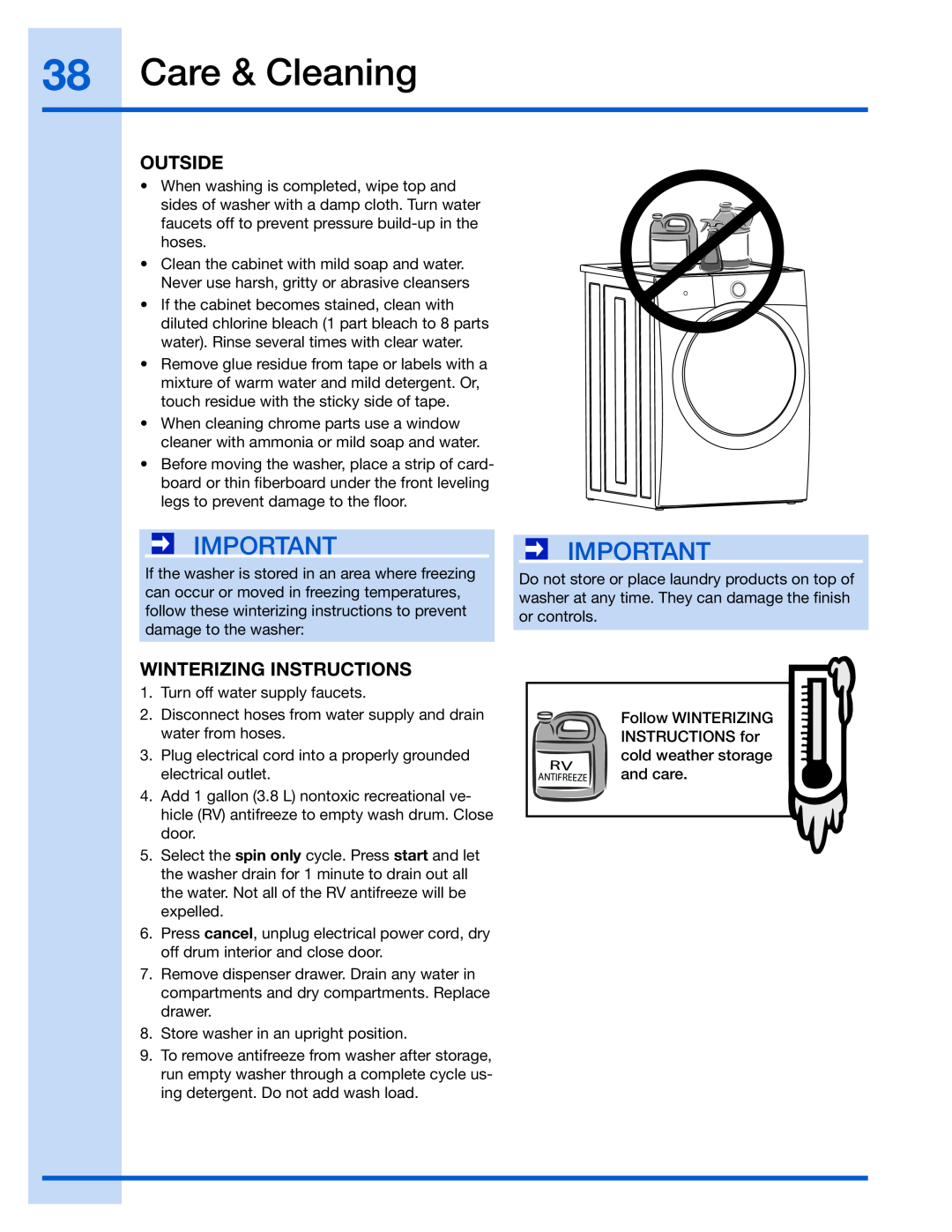 Electrolux 137023200 A manual Care & Cleaning, Outside, Winterizing Instructions 