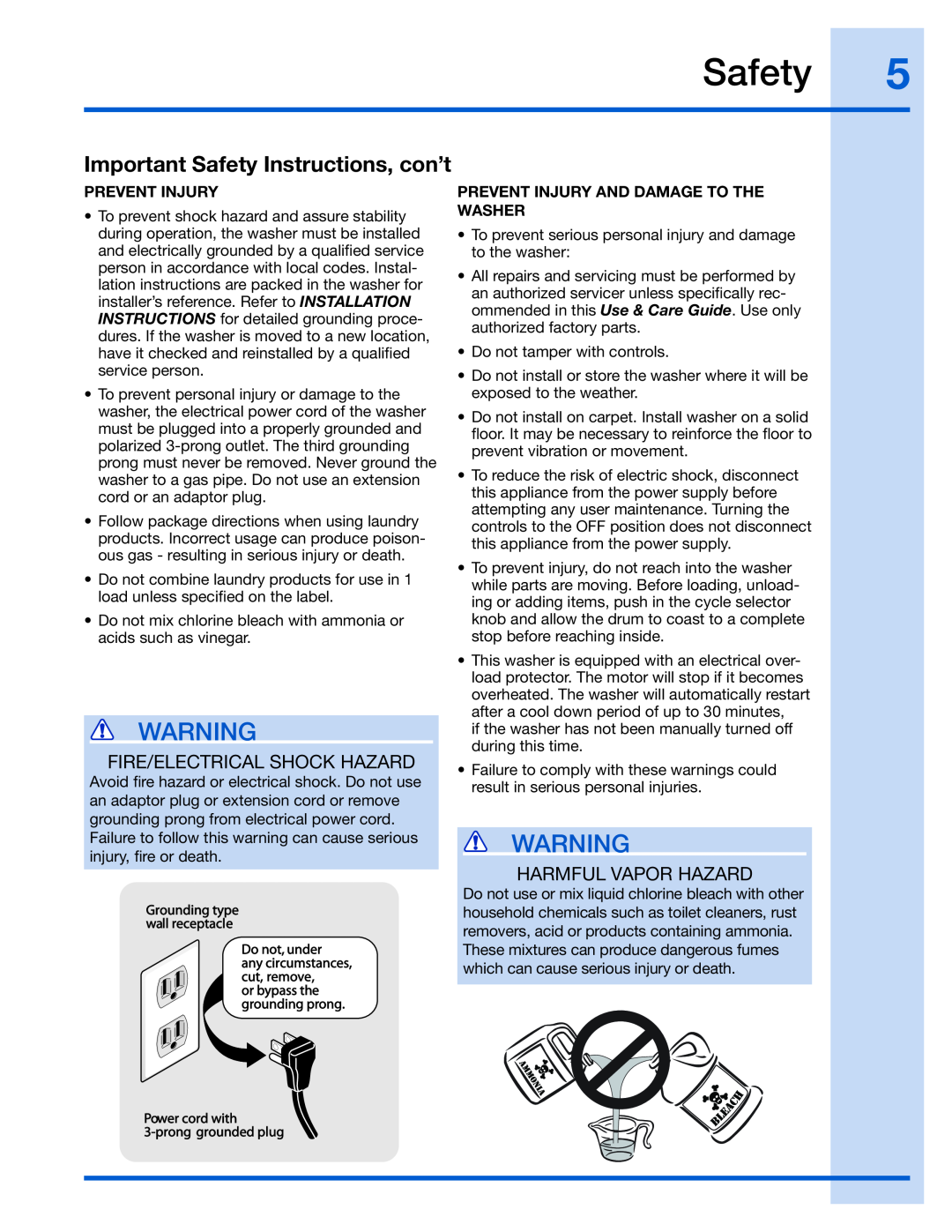 Electrolux 137023200 A manual Important Safety Instructions, con’t, Fire/Electrical Shock Hazard, Harmful Vapor Hazard 