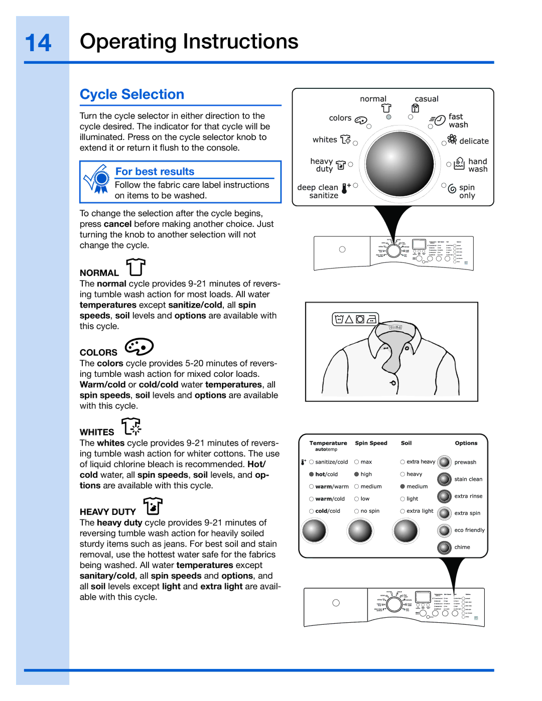 Electrolux 137023500 A (0801)) manual Cycle Selection, Normal, Colors, Whites, Heavy Duty 