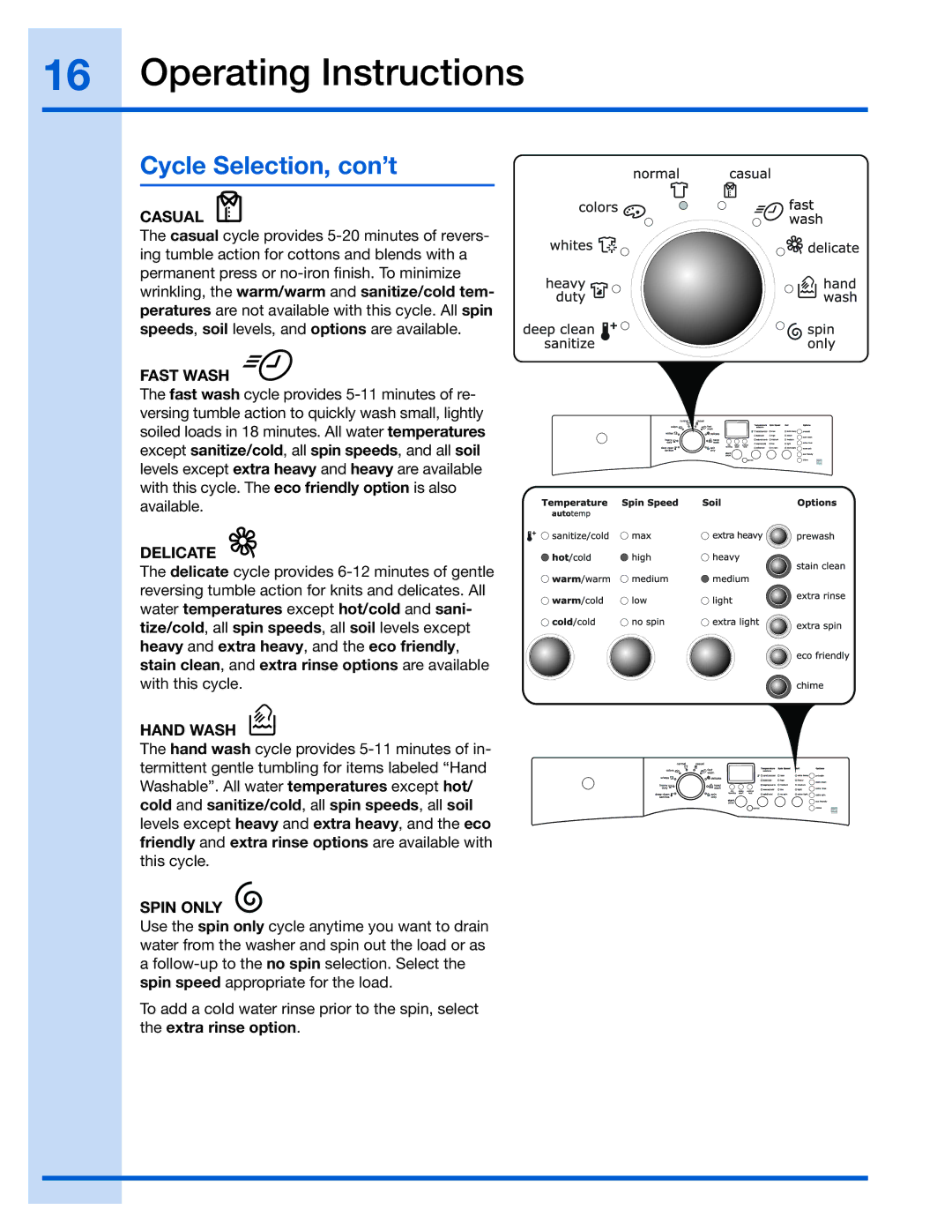 Electrolux 137023500 A (0801)) manual Casual, Fast Wash, Delicate, Hand Wash, Spin only 