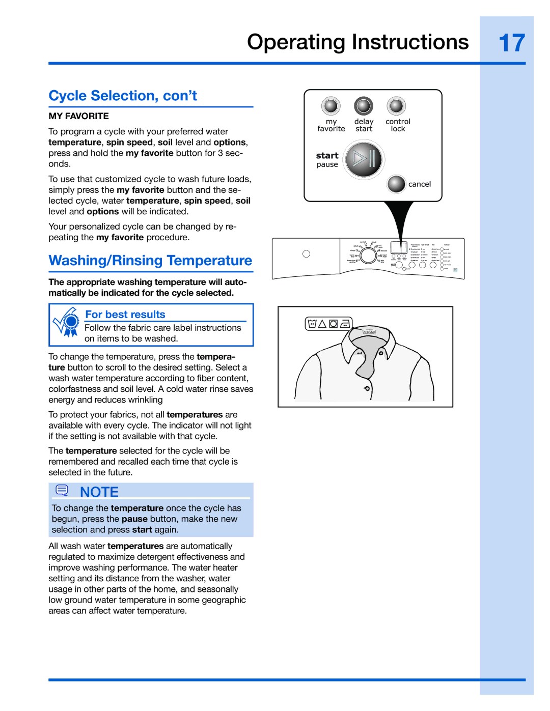 Electrolux 137023500 A (0801)) manual Washing/Rinsing Temperature, MY Favorite 