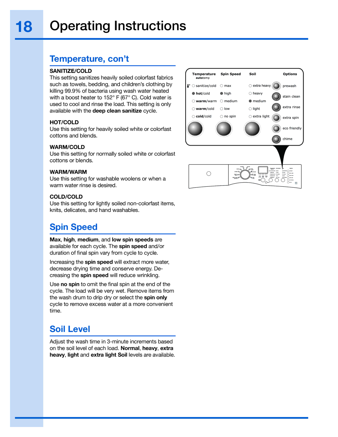 Electrolux 137023500 A (0801)) manual Temperature, con’t, Spin Speed, Soil Level 