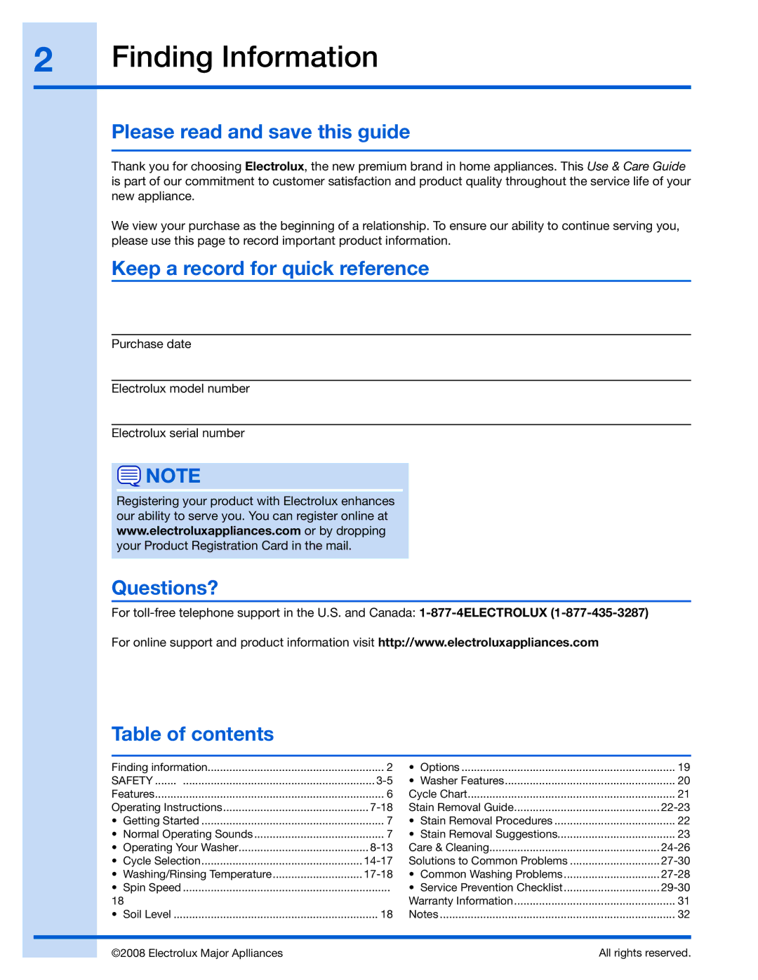 Electrolux 137023500 A (0801)) Finding Information, Please read and save this guide, Keep a record for quick reference 