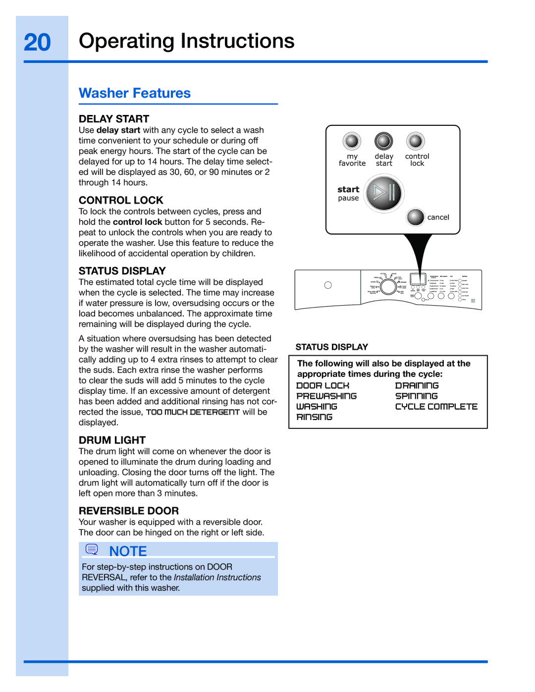 Electrolux 137023500 A (0801)) manual Washer Features 