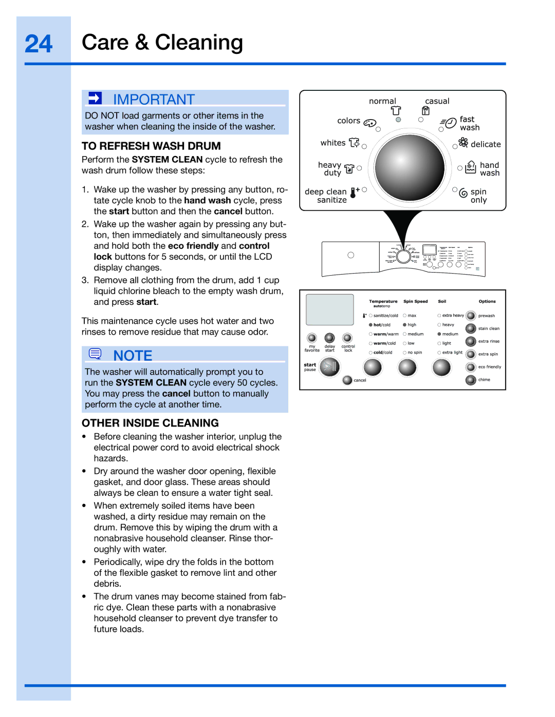 Electrolux 137023500 A (0801)) manual Care & Cleaning, To Refresh Wash Drum, Other Inside Cleaning 