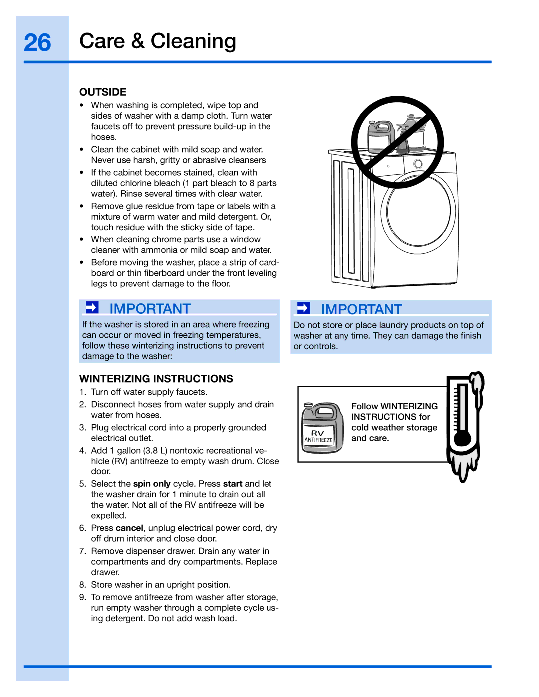 Electrolux 137023500 A (0801)) manual Outside, Winterizing Instructions 