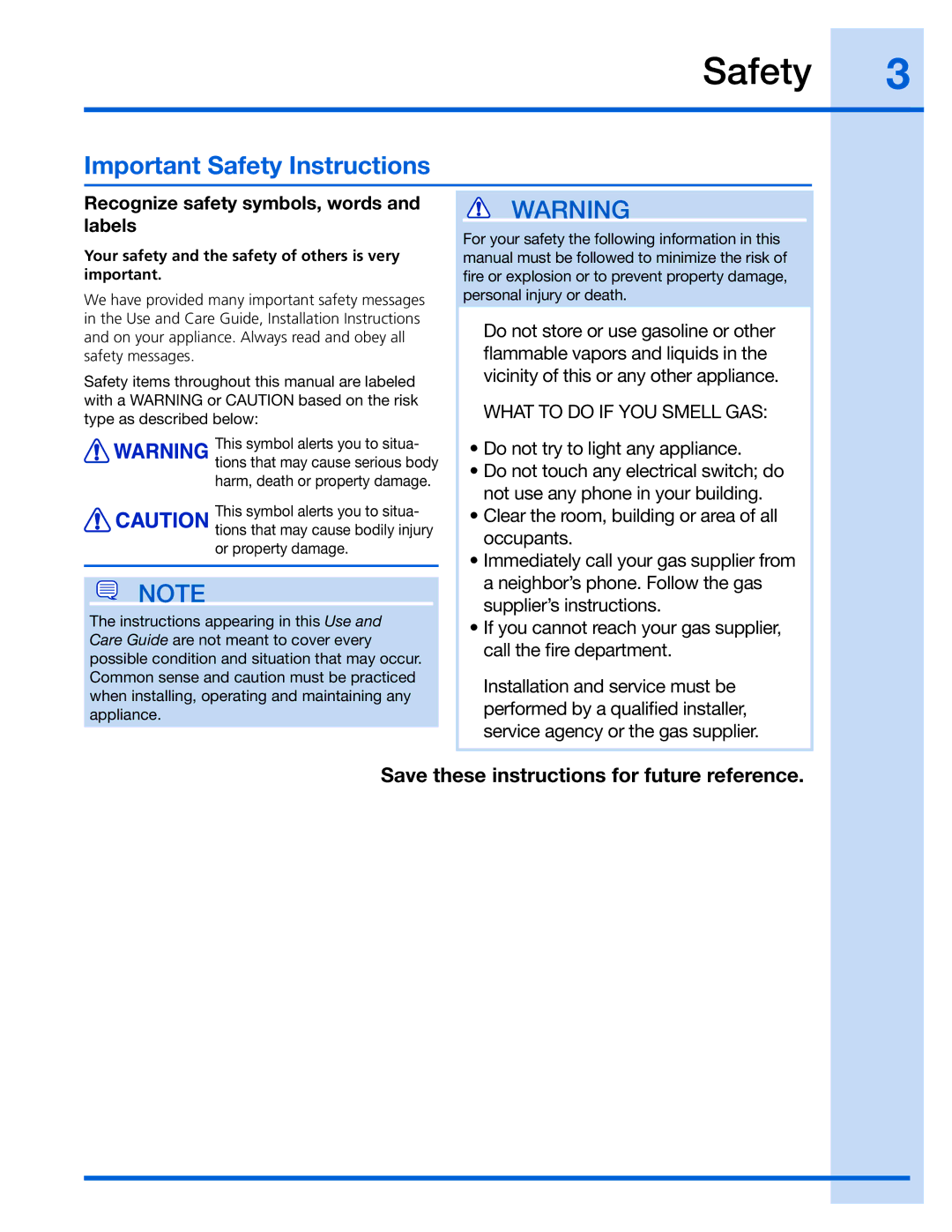 Electrolux 137023500 A (0801)) manual Important Safety Instructions, Recognize safety symbols, words Labels 