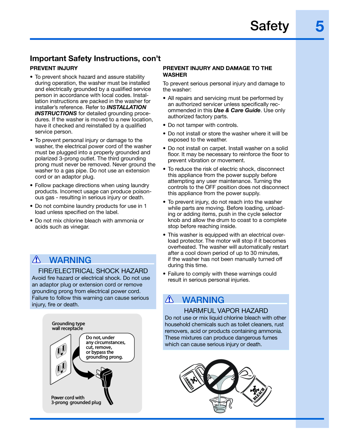 Electrolux 137023500 A (0801)) manual Prevent Injury and Damage to the Washer 