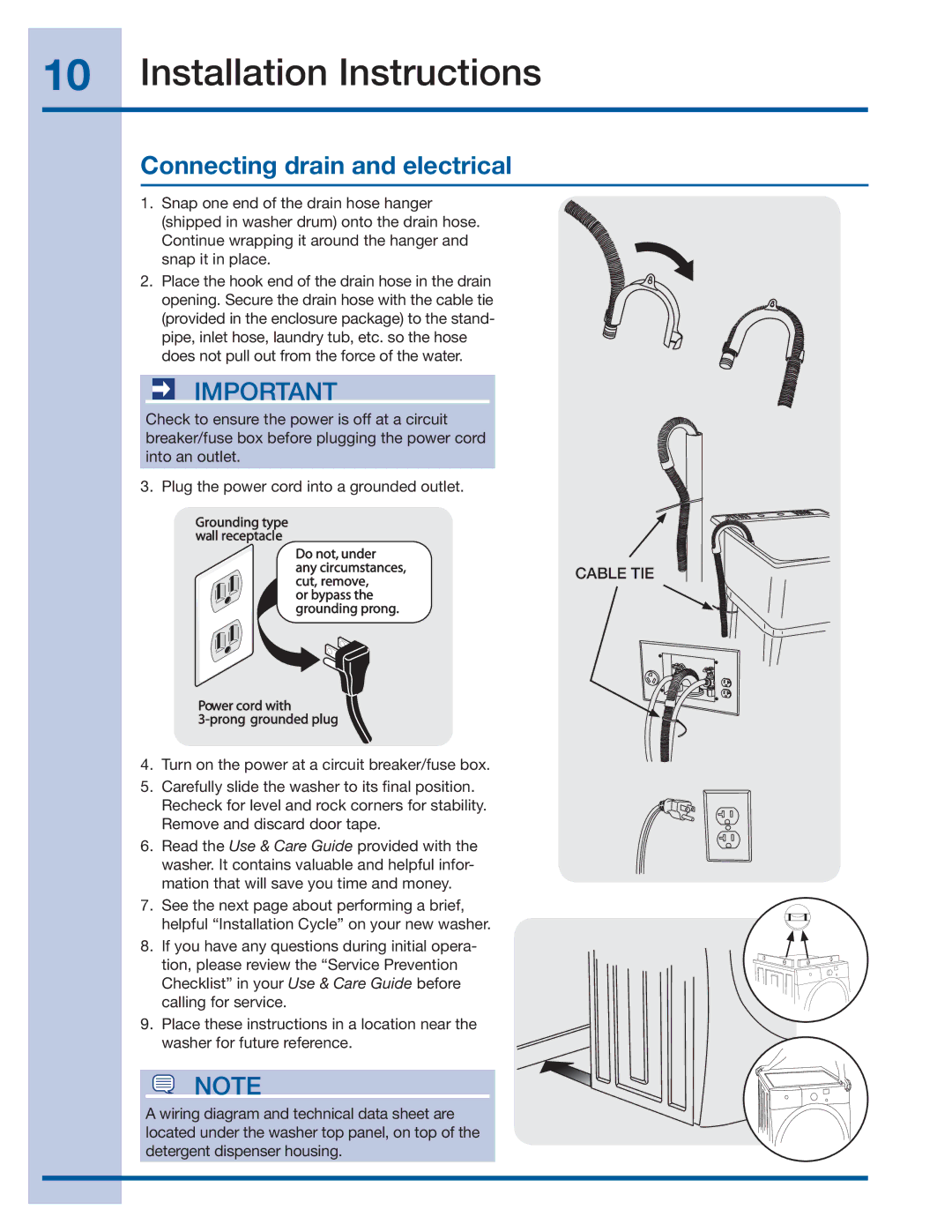 Electrolux 137064300 B installation instructions Connecting drain and electrical 