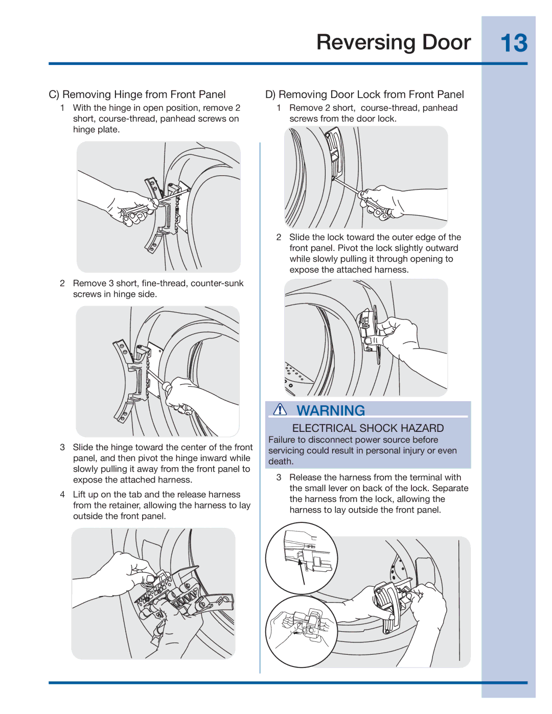 Electrolux 137064300 B installation instructions Removing Hinge from Front Panel, Removing Door Lock from Front Panel 