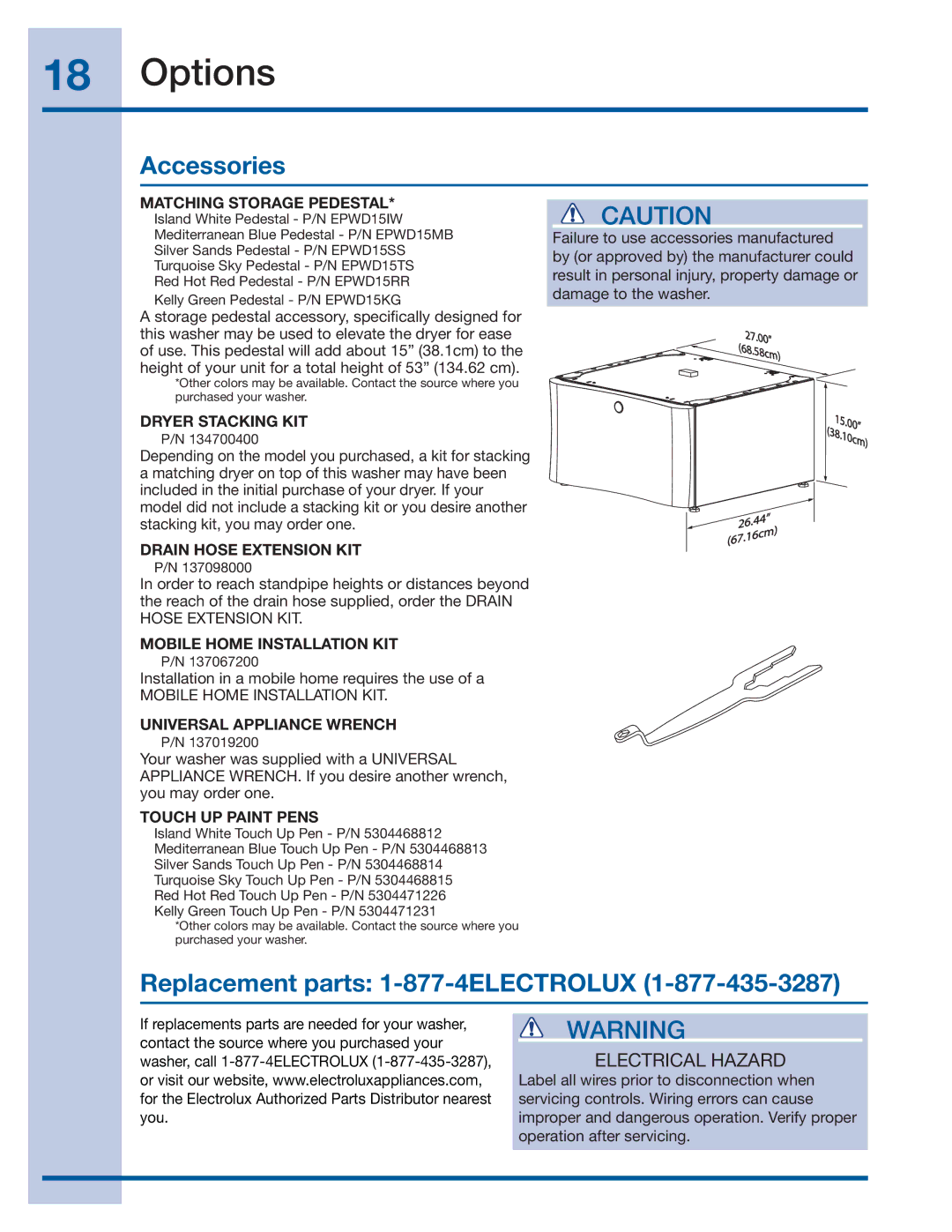 Electrolux 137064300 B Options, Accessories, Replacement parts 1-877-4ELECTROLUX, Electrical Hazard 