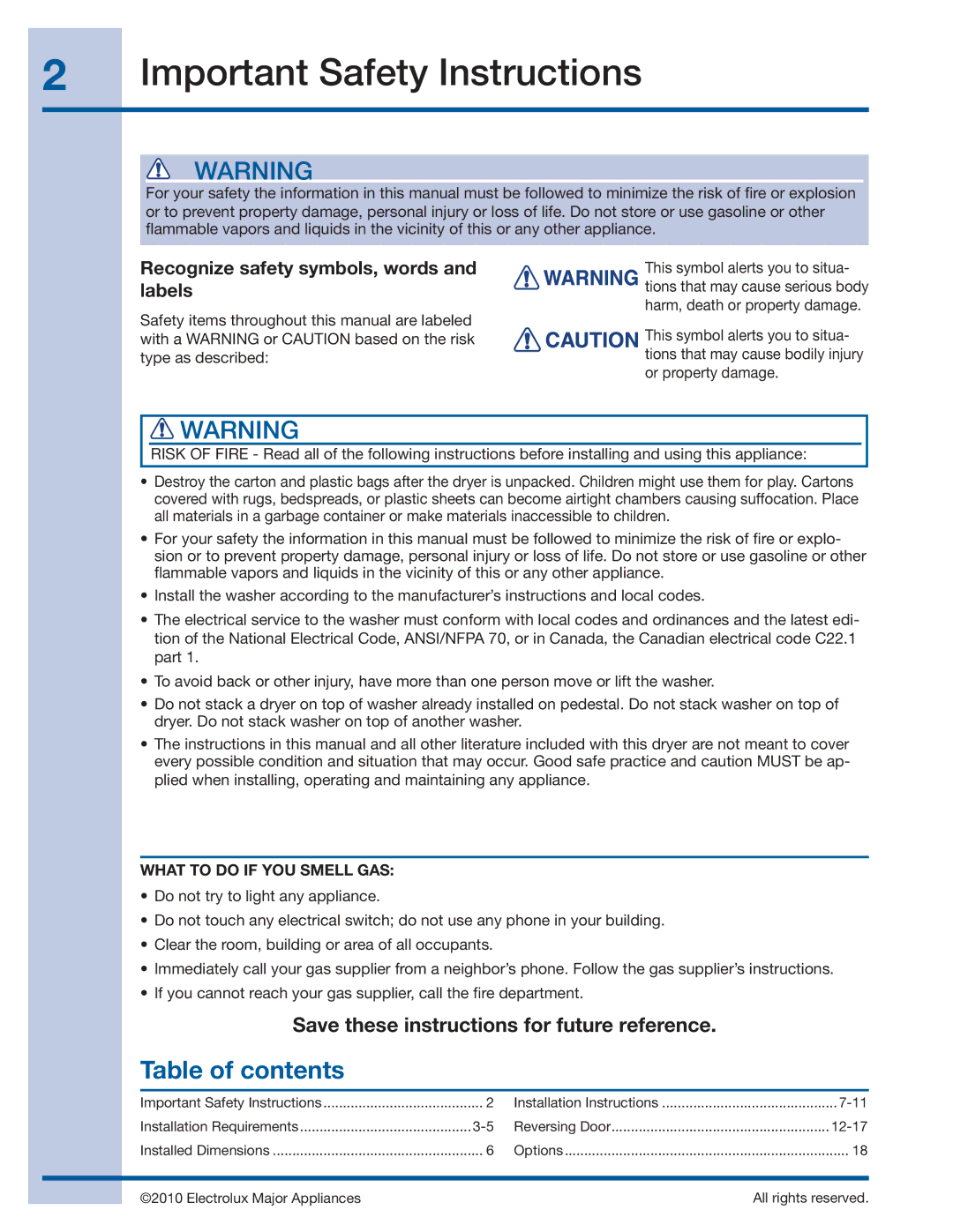 Electrolux 137064300 B installation instructions Important Safety Instructions, Table of contents 