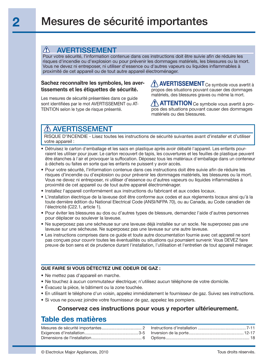 Electrolux 137064300 B installation instructions Mesures de sécurité importantes, Table des matières 