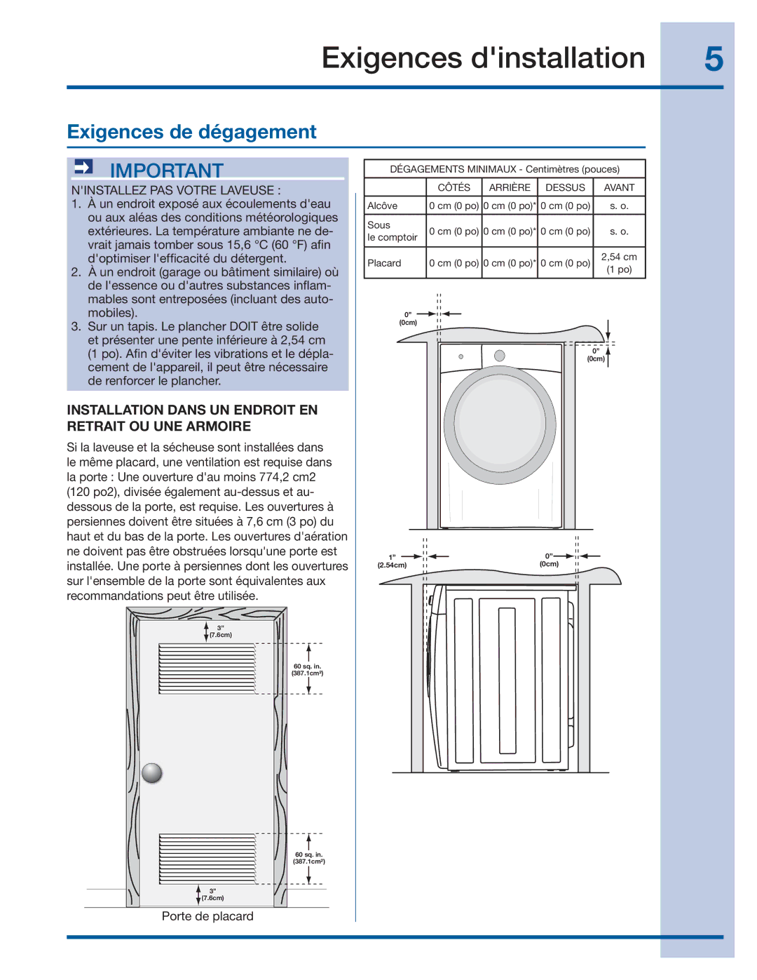 Electrolux 137064300 B installation instructions Exigences de dégagement, Ninstallez PAS Votre Laveuse 