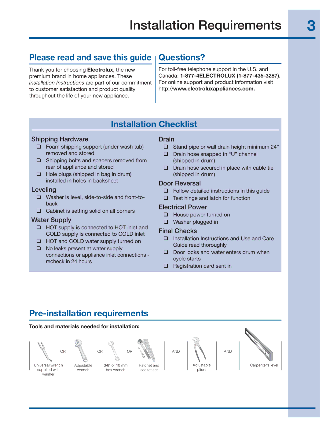 Electrolux 137064300 B Installation Requirements, Questions?, Installation Checklist, Pre-installation requirements 