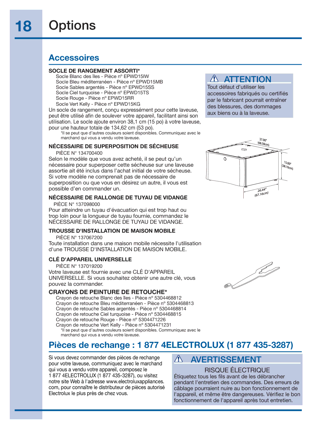 Electrolux 137064300 B installation instructions Accessoires, Pièces de rechange 1 877 4ELECTROLUX 1 877, Risque Électrique 